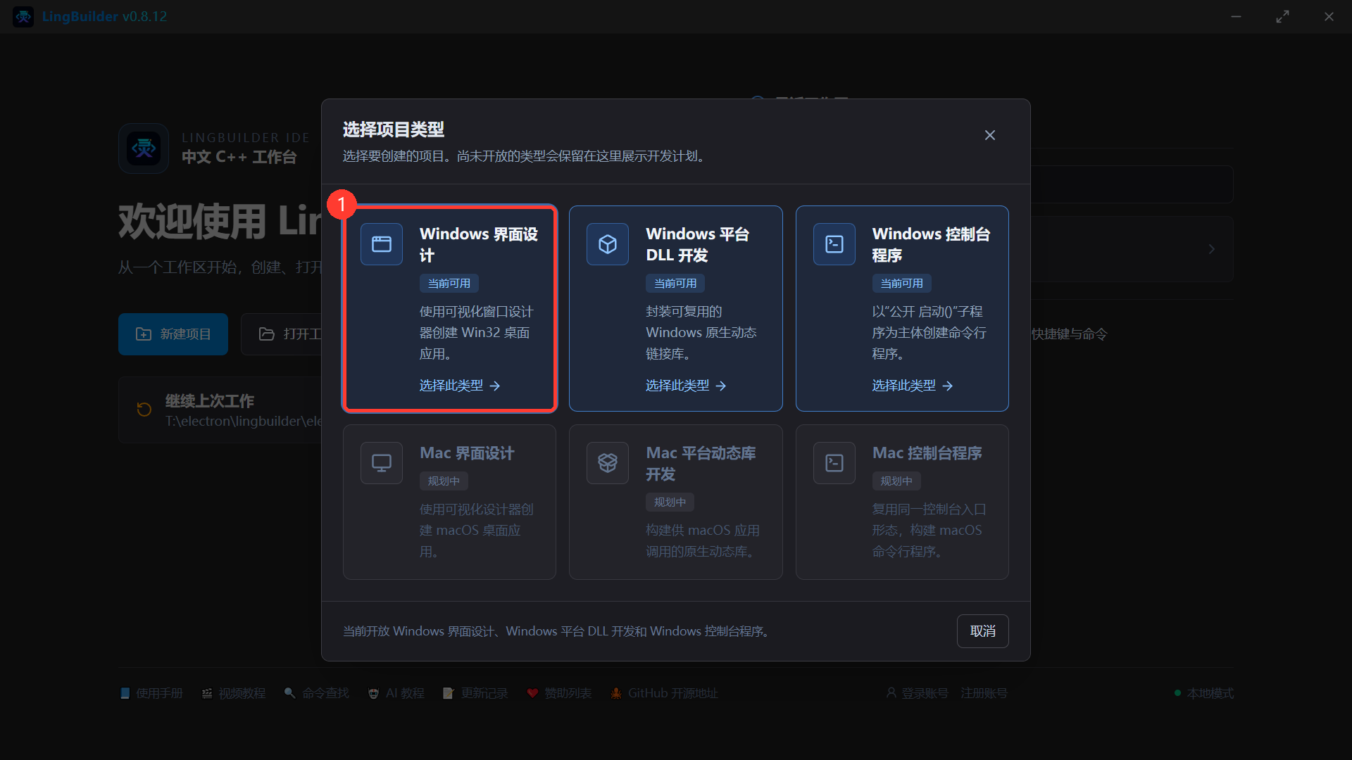 选择项目类型：Windows 界面设计